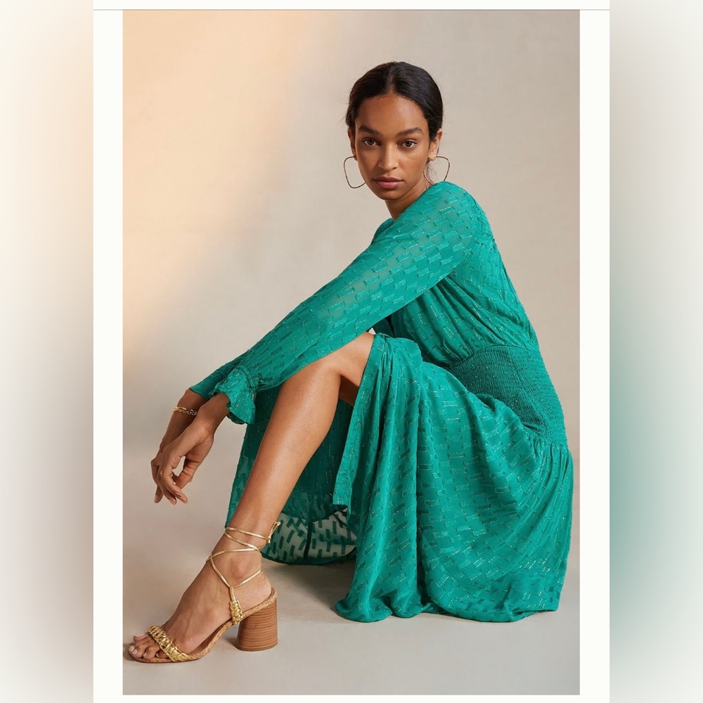 Anthropologie 💚 Green Smocked Maxi Dress